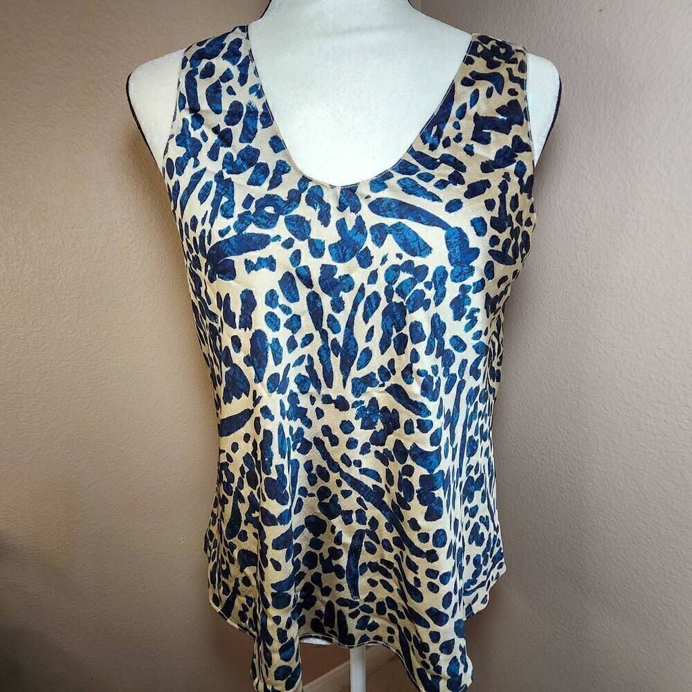 Nic+Zoe Lined Sleeveless Pullover Leopard Print V-Neck Blouse Beige Blue XS